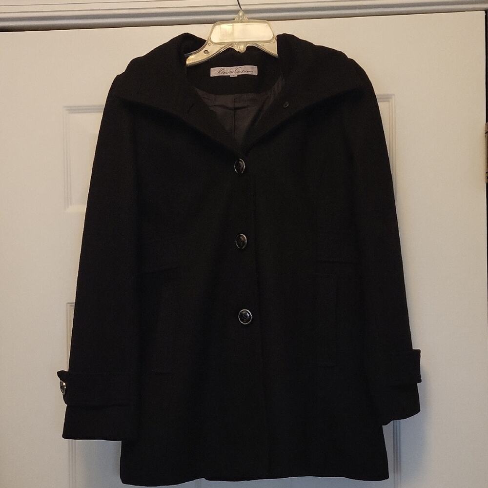 Kenneth Cole New York Women’s Size 4 Black Pea Coat Hooded Wool Button Front - Picture 14 of 14